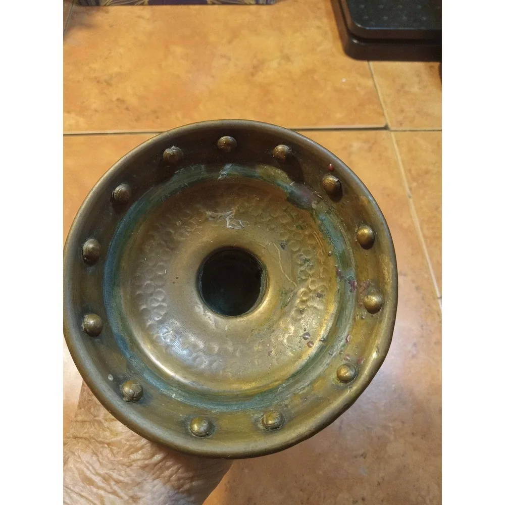 Vintage Hammered Brass /copper Studded Candle Holder Arts & Crafts Style 7.5